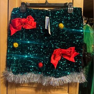 Holiday Sequin Embellished Skirt with Red Bows